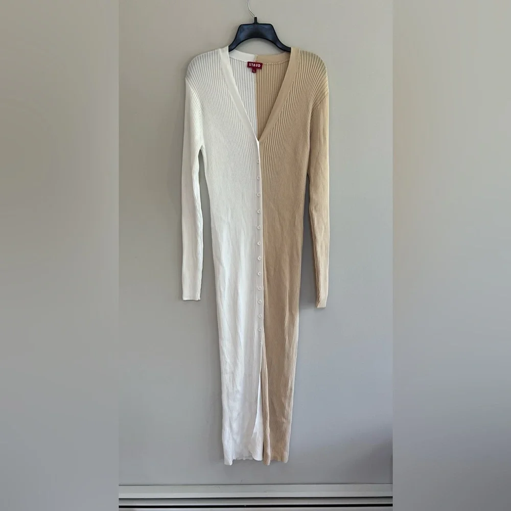 STAUD Shoko Colorblock Ribbed Button Front Sweater Dress, White/Beige, XL - Picture 2 of 7